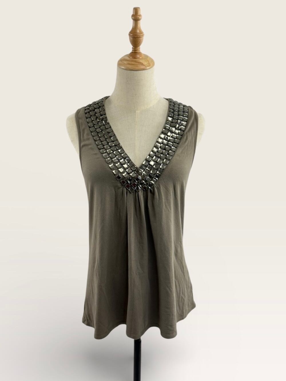 Magaschoni Olive Jersey Tank with Bling Neckline, Size M